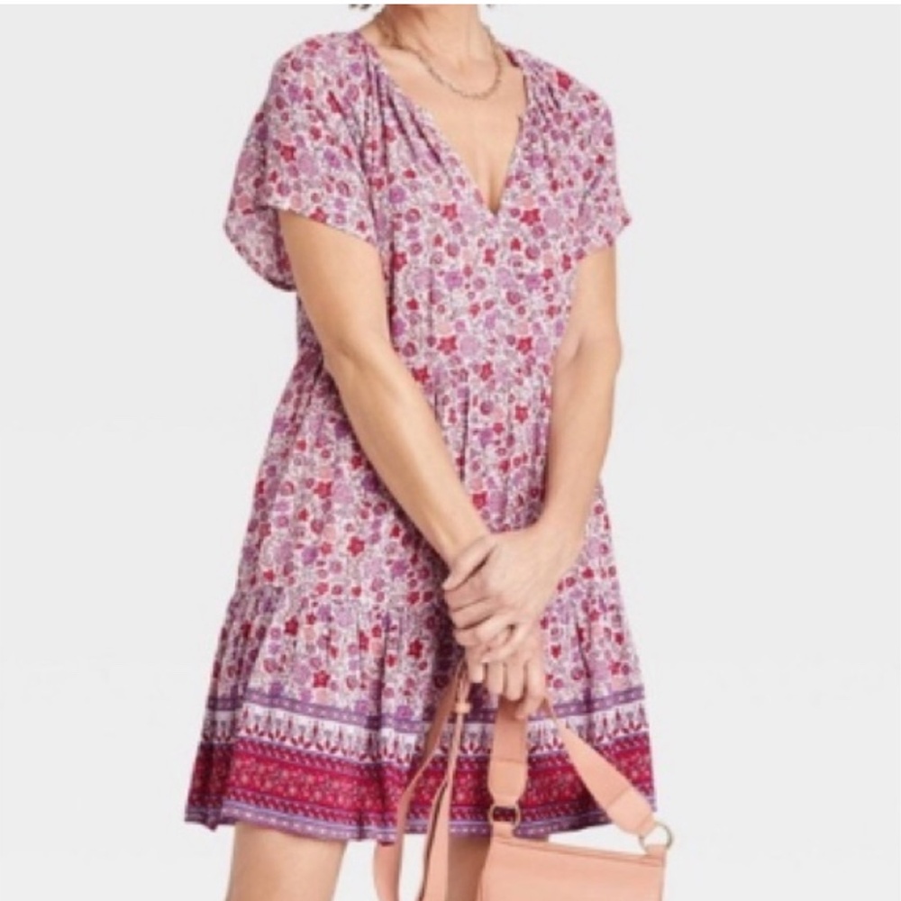 Knox Rose floral babydoll dress pink red boho prairie flowy flirty fun sz XS